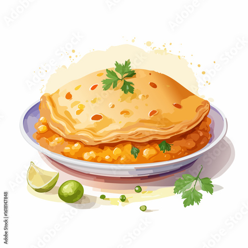 A flavorful bowl of Indian lentil dal topped with a folded paratha, garnished with fresh cilantro, peas, and a lime wedge.