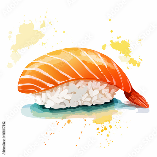 Stylized orange shrimp nigiri sushi with a tail, illustrated in a vibrant watercolor style with artistic splatters.