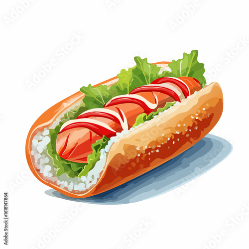 Fusion sushi hot dog illustration with a rice-lined bun, lettuce, and drizzled ketchup and mayonnaise.
