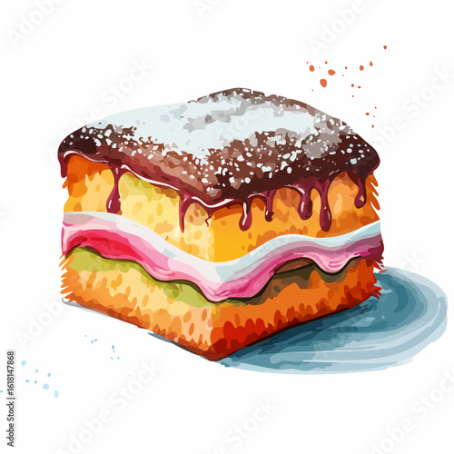 Watercolor illustration of a layered sponge cake with dripping chocolate glaze and powdered sugar.