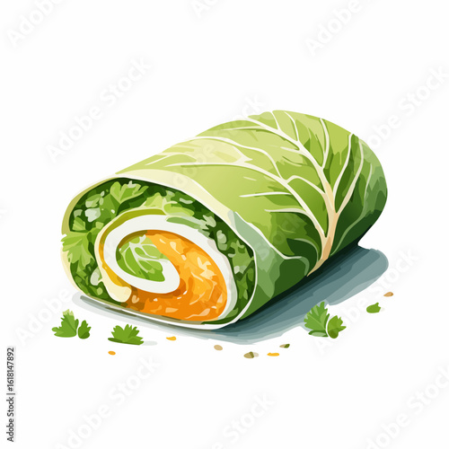 Vibrant illustration of a healthy vegetable wrap in a green leaf with a colorful orange and green spiral filling.