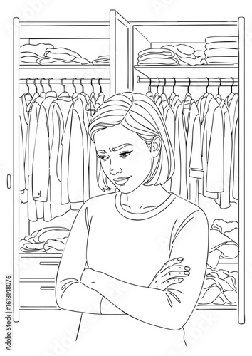 A young woman stands in front of an open closet filled with clothes, looking down with a thoughtful or slightly frustrated expression.
