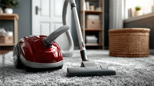 Modern Red Vacuum Cleaner on Soft Gray Carpet in Stylish Living Room Interior