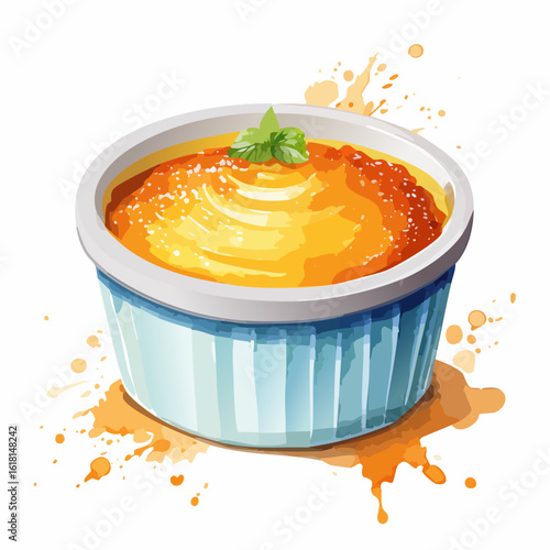 Artistic watercolor of a golden cr?me br?l?e in a blue ribbed ramekin, garnished with a fresh mint leaf.
