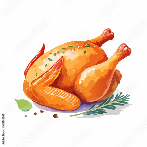 Delicious whole roasted chicken with golden-brown skin, garnished with fresh herbs and rosemary. Appetizing vector illustration.