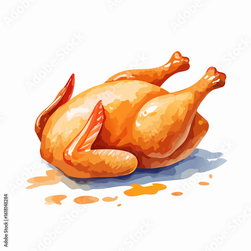 Stylized illustration of a whole roasted chicken with glistening golden-brown skin and savory juices.