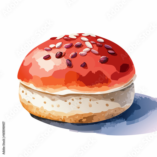 Stylized watercolor illustration of a glazed red bean bun with a glossy topping.