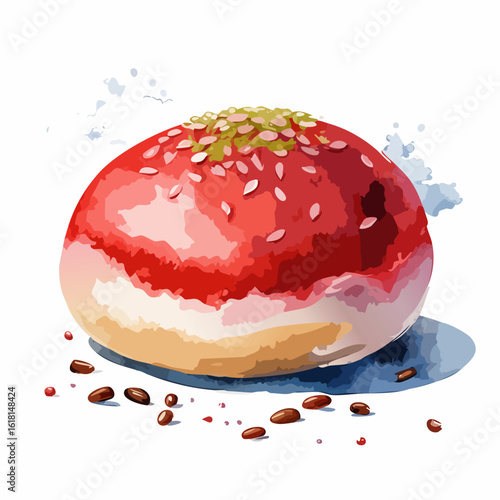 Vibrant red glazed sweet bun with sesame seeds and pistachio topping, watercolor illustration.