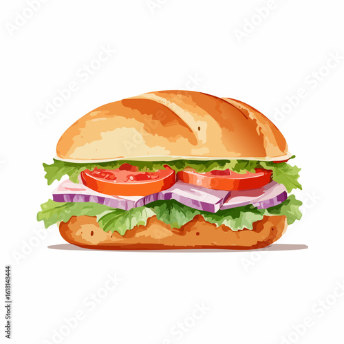 Delicious sub sandwich with fresh lettuce, tomato, and onion on a golden crusty roll.