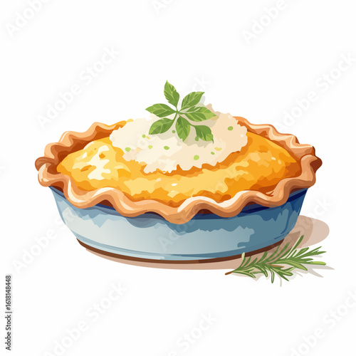 Savory pie with a golden fluted crust, creamy topping, and fresh herb garnish in a blue dish.