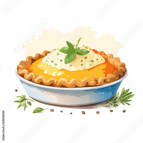 Savory pie with a golden fluted crust, creamy topping, and fresh basil garnish in a blue dish.