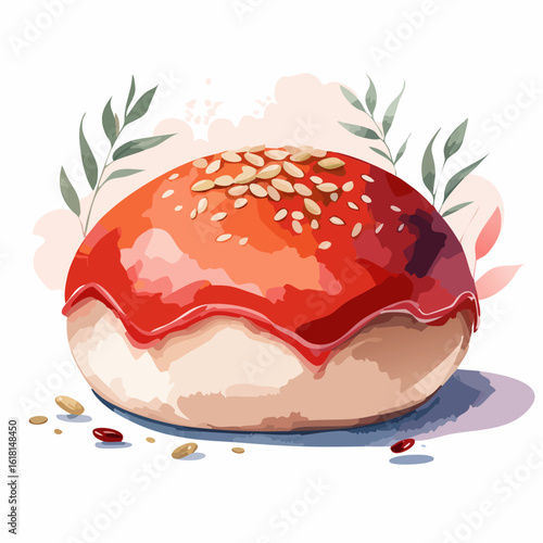 Shiny red glazed sweet bun topped with sesame seeds, watercolor style.