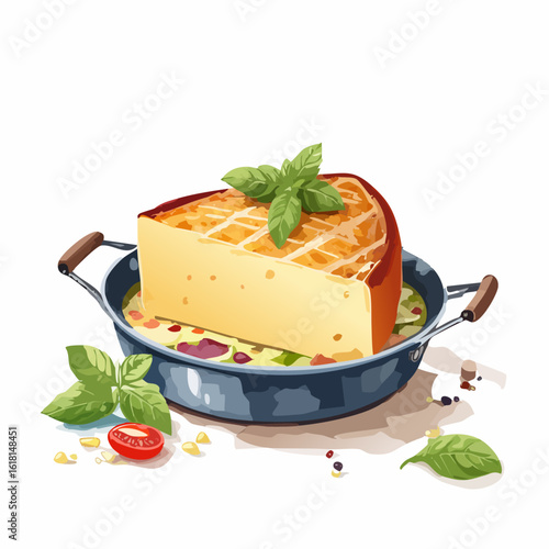 Golden-brown baked cheese wedge with a crosshatch crust and fresh basil, served in a dark skillet with a creamy sauce.