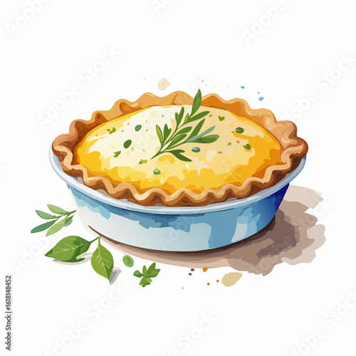 Freshly baked savory quiche in a blue dish, featuring a golden fluted crust and a fresh rosemary garnish.