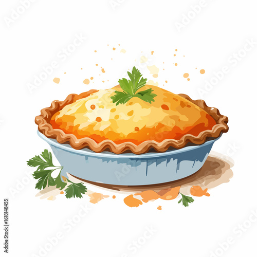 Savory pie with a golden topping and crimped crust, garnished with fresh parsley. A watercolor style illustration in a blue dish.