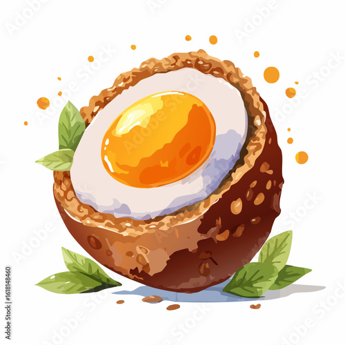 Crispy halved Scotch egg with a vibrant, shiny golden yolk and fresh green leaf garnish.