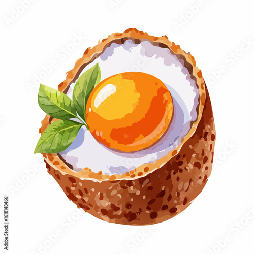 Delicious halved Scotch egg with a golden runny yolk and crispy breaded crust, garnished with fresh green leaves.