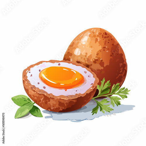 Crispy fried Scotch egg, cut in half to reveal a golden runny yolk, garnished with fresh herbs.