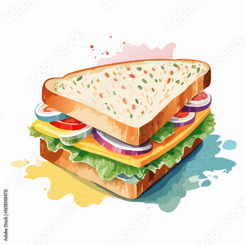 Colorful watercolor illustration of a fresh vegetable sandwich with cheese and onion on flecked bread.