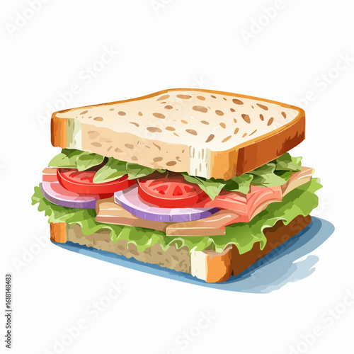 Classic deli sandwich with ham, lettuce, and tomato, in a stylized vector illustration.