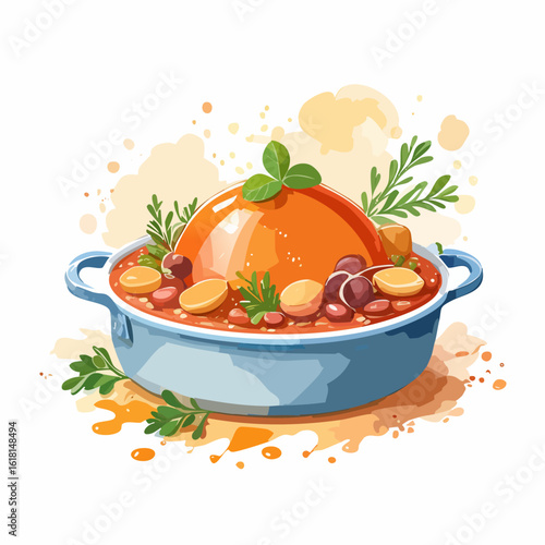 Hearty bean stew with a glossy orange centerpiece and fresh herbs in a blue casserole dish.