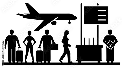A minimalist black silhouette of airport travel passengers pulling luggage, check-in counter, airplane, flight info board
