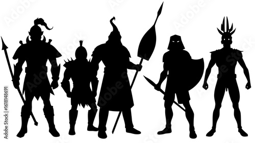 A vector of different ancient warriors Roman centurion, samurai, Viking, Zulu warrior, knight, and archer in silhouette.