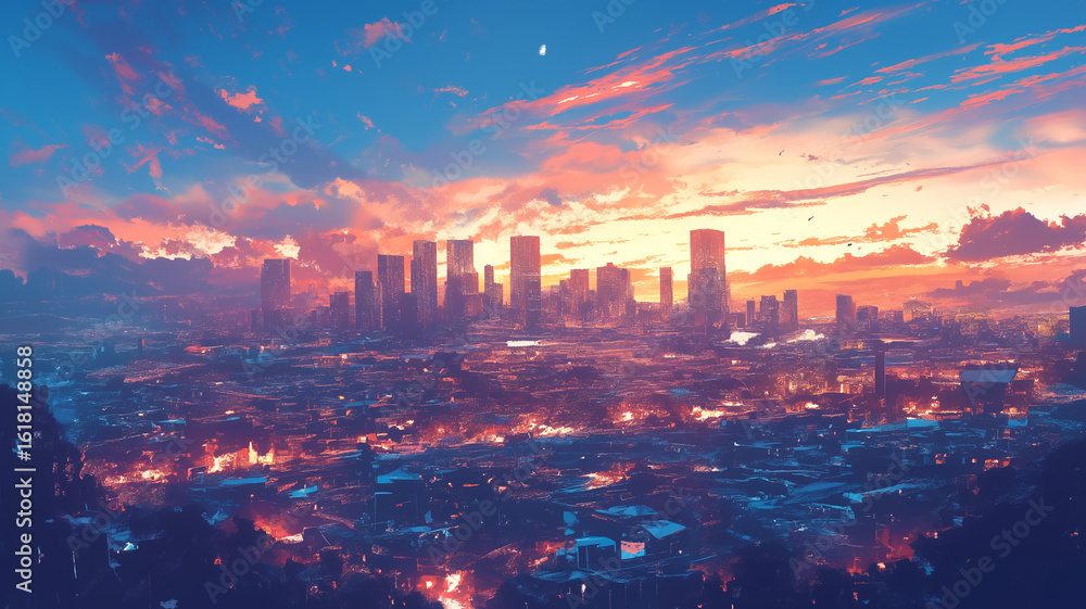 Fototapeta premium 街並み全体を見渡すパノラマの風景にオレンジ色の夕焼けが広がり、懐かしい記憶を呼び起こすような手描き風のノスタルジックな空気感が印象的なイラスト背景素材