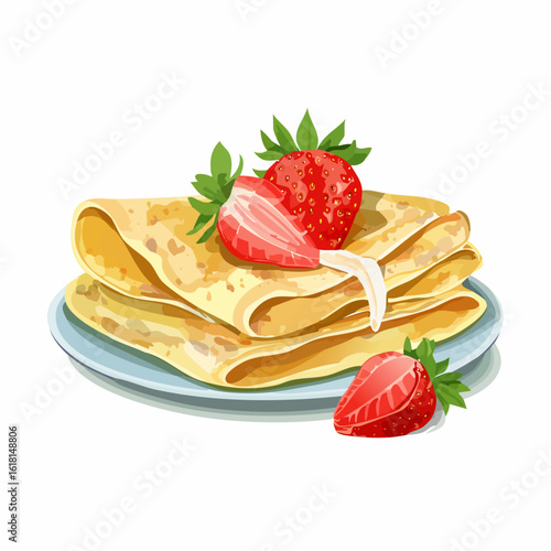 A delicious stack of folded pancakes garnished with fresh strawberries and a dollop of cream, served on a blue plate.