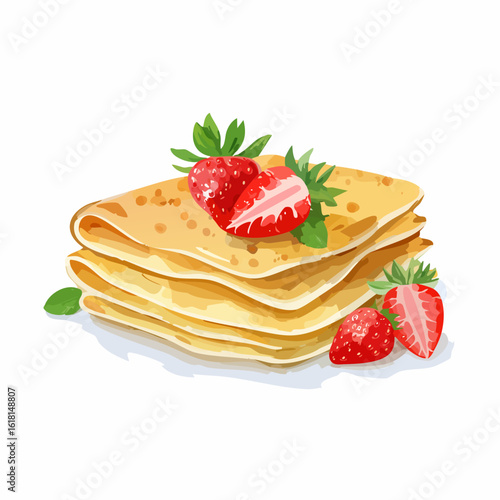 Artistic watercolor illustration of folded pancakes topped with fresh red strawberries and mint leaves.