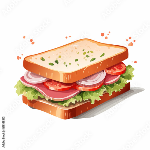 Delicious illustrated ham sandwich on toast with lettuce, tomato, and onion, in a watercolor vector style.