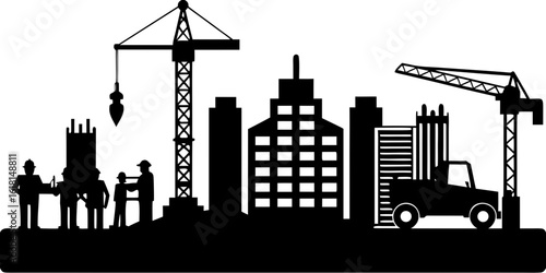 A vector graphic of urban construction silhouettes crane, workers, scaffolding, bulldozer, cement mixer, and tower under build.