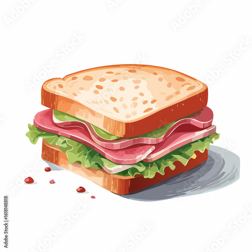 Layered ham and lettuce sandwich on soft white bread, a detailed cartoon-style vector illustration with a simple shadow.