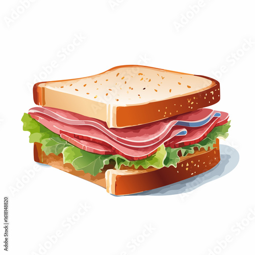 Vector illustration of a fresh ham and lettuce sandwich on sliced white bread with a golden crust.