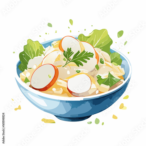 Illustrated fresh vegetable salad with sliced radish and greens in a light blue ceramic bowl.