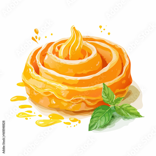 Vibrant orange rose-shaped pastry with a sweet syrup drizzle and a fresh mint sprig.