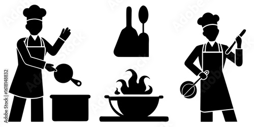 A clean vector of different cooking scenes in silhouette. Includes a chef stirring pot, cutting vegetables, flipping pan, tasting food, using blowtorch, and baking. All elements spaced in a grid on wh