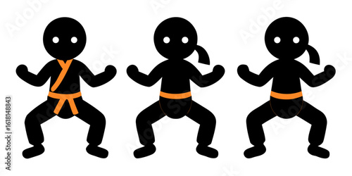 A vector graphic of traditional Asian martial arts poses in black silhouette. Includes karate, taekwondo, kung fu, aikido, and judo stances, each shown mid-motion with defined limbs and strong dynamic