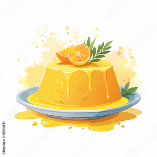 Bright yellow orange pudding with a glossy glaze, topped with fresh orange slices and a green sprig.