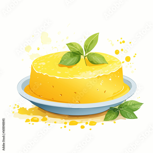 Watercolor illustration of a round yellow custard dessert with fresh basil garnish on a light blue plate.