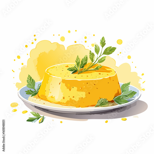 Vibrant yellow custard flan with fresh green herb garnish, watercolor illustration style.