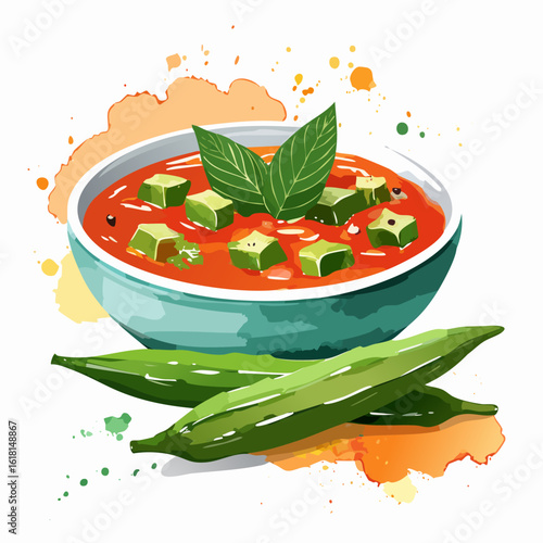 A vibrant bowl of red okra and tomato soup, garnished with fresh basil, in a watercolor style.