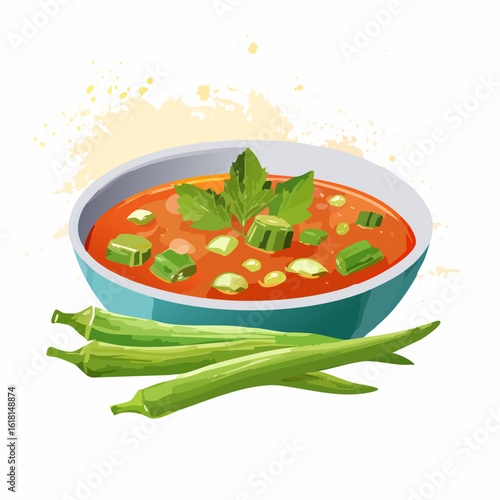 A stylized vector illustration of a hearty bowl of red okra soup, garnished with fresh parsley and served with whole okra pods.