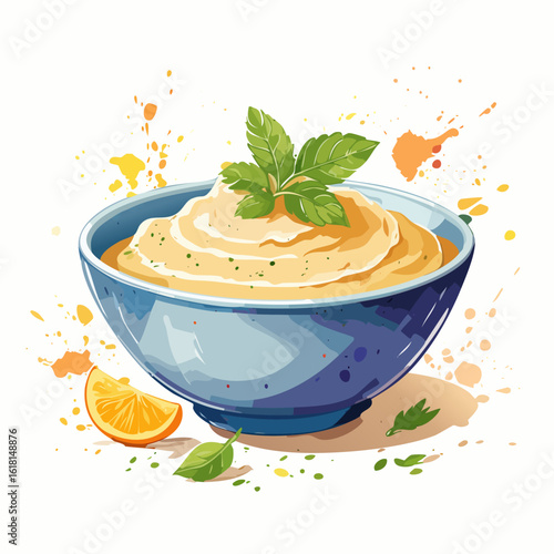 Watercolor illustration of a creamy dip in a blue bowl, garnished with fresh mint leaves and an orange slice.