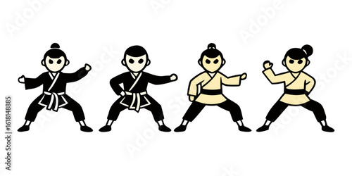 A vector graphic of traditional Asian martial arts poses in black silhouette. Includes karate, taekwondo, kung fu, aikido, and judo stances, each shown mid-motion with defined limbs and strong dynamic