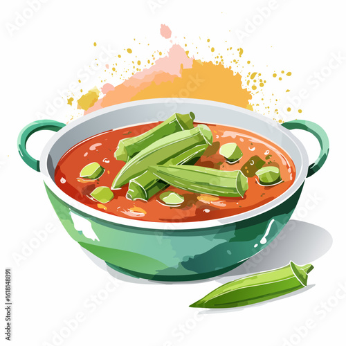 A vibrant illustration of a traditional okra stew, or Bamya, served in a rustic green bowl with handles.