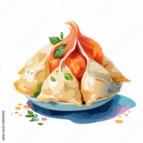 A vibrant illustration of salmon-filled dumplings, artfully arranged on a blue plate with fresh herb garnish.