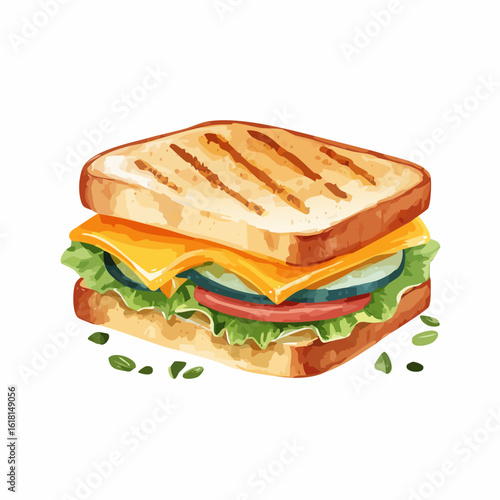 Grilled vegetable and cheese sandwich with toasted bread, watercolor style illustration.