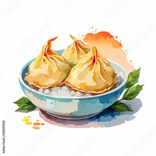 Watercolor illustration of three golden Asian dumplings with twisted tops in a blue ceramic bowl.
