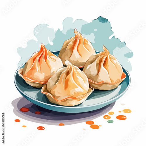 Four delicious steamed Asian dumplings, or momos, served on a blue plate in a watercolor vector style.